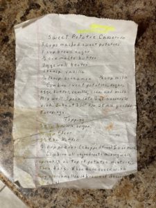Sweet potato casserole recipe handwritten